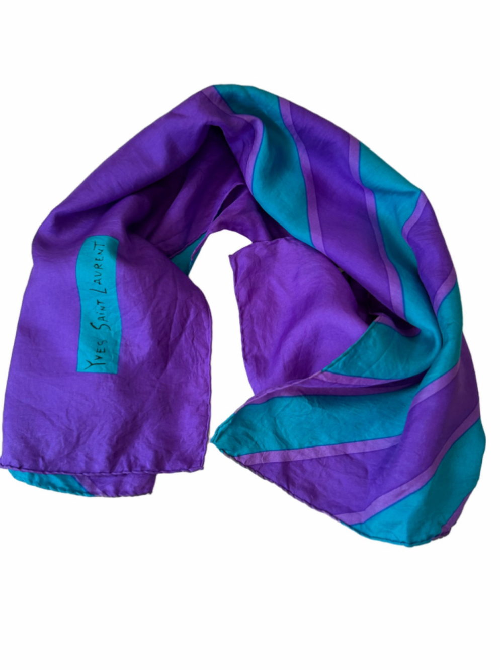 Vintage Yves Saint Laurent Purple Teal Striped Silk Scarf 34” x 33”